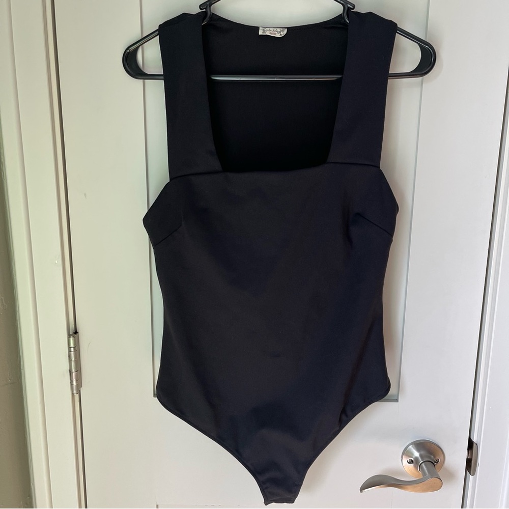 Free People Strappy Bodysuit Square Neck Thong Black Medium Wide‎ Strap